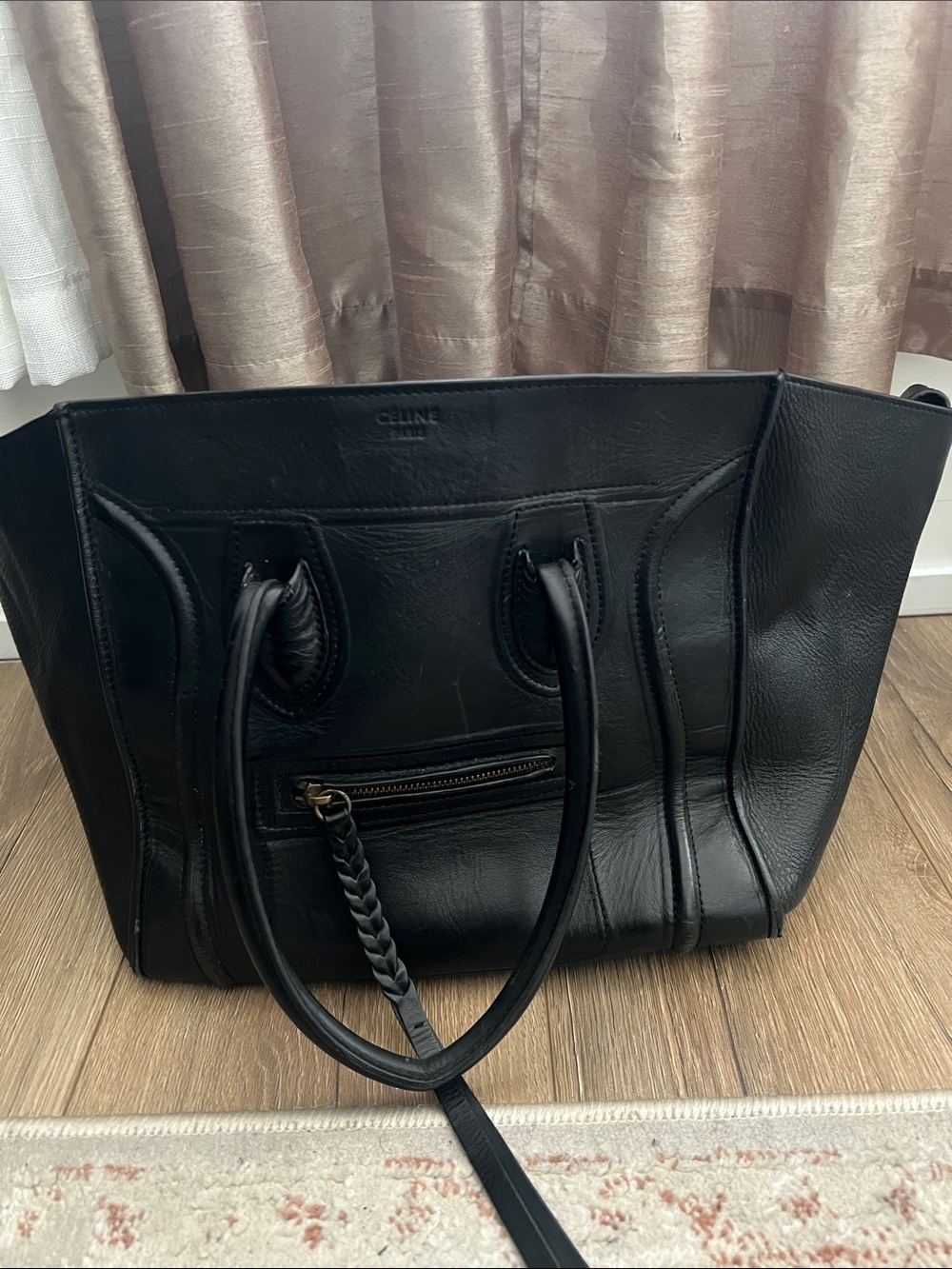 Celine Black Leather Tote with Front Zip Pocket